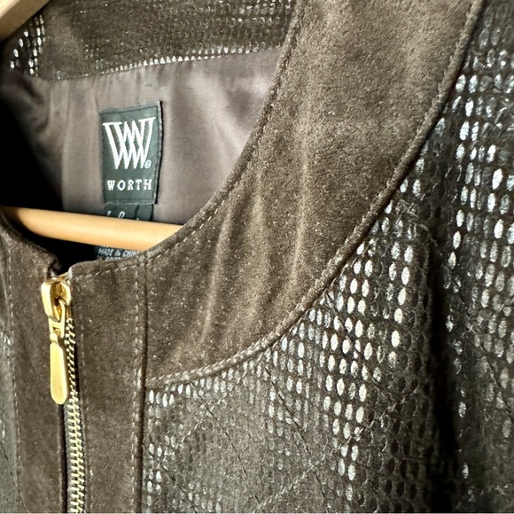 W by Worth Genuine Suede Cropped Embossed Metallic Jacket 3/4 Sleeve Zip Up XS - Picture 6 of 10
